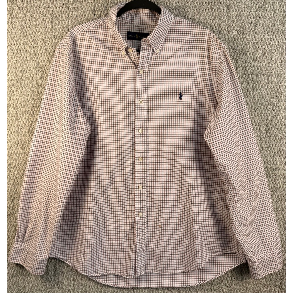 Ralph Lauren Button Down Shirt XL White Navy Red Tattersall Check Cotton Polo